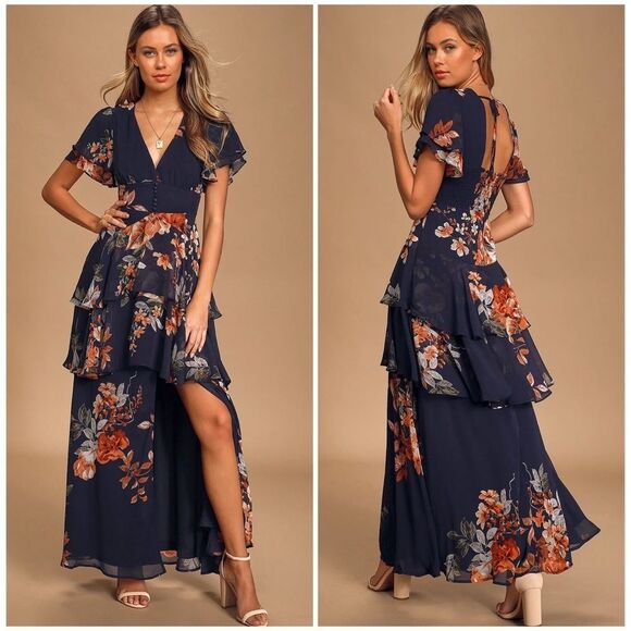 Lulus Midnight Mood Navy Blue Floral Print Tiered Maxi Dress Size Small NEW - Picture 1 of 13